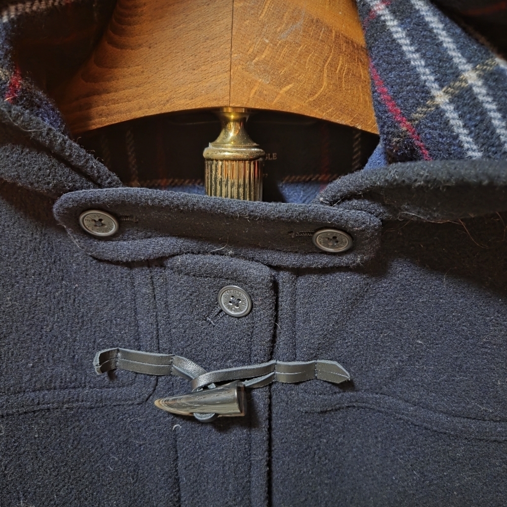 American Eagle Wool Blend Navy Blue Hooded Duffel Coat Horn Toggle Size Large - Picture 4 of 6
